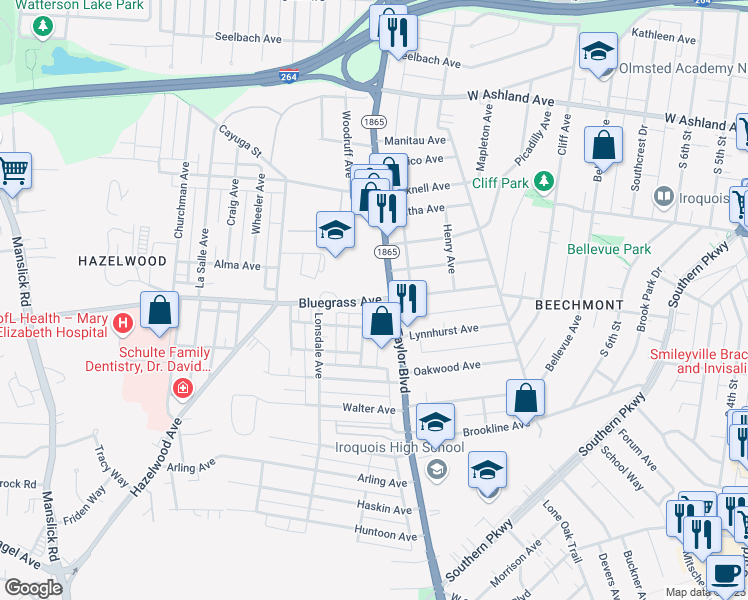 map of restaurants, bars, coffee shops, grocery stores, and more near 1325 Bluegrass Avenue in Louisville