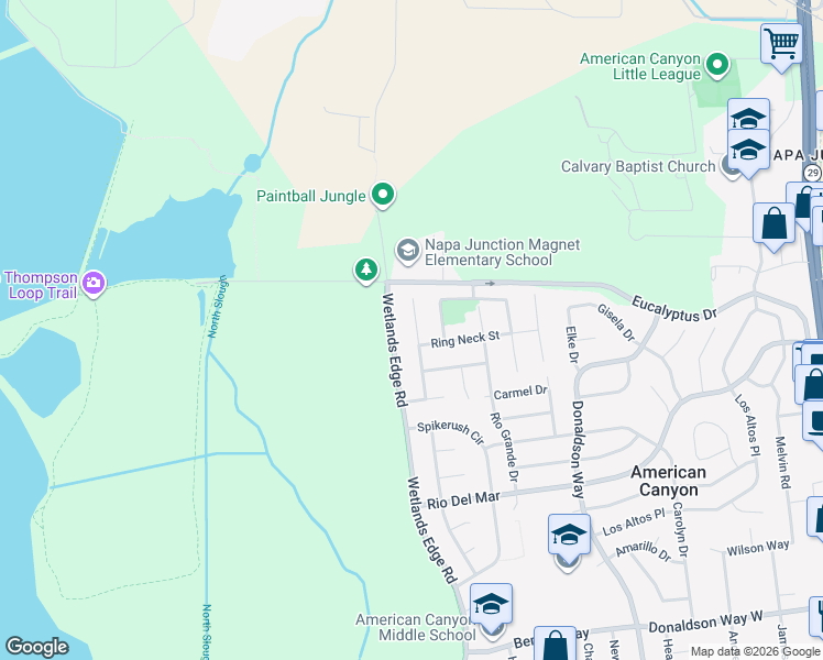 map of restaurants, bars, coffee shops, grocery stores, and more near 47 Redhead Street in American Canyon