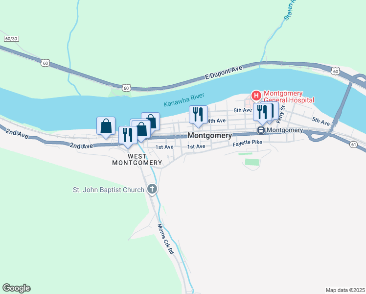 map of restaurants, bars, coffee shops, grocery stores, and more near 1st Ave in Montgomery