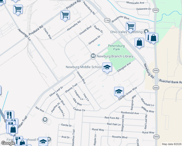 map of restaurants, bars, coffee shops, grocery stores, and more near 4917 Shasta Trail in Louisville