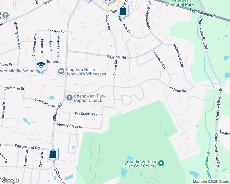 map of restaurants, bars, coffee shops, grocery stores, and more near 4505 Gaudet Road in Jeffersontown