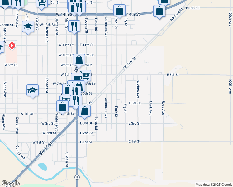 map of restaurants, bars, coffee shops, grocery stores, and more near 591 Park Street in Larned