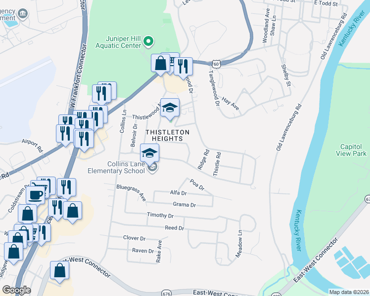 map of restaurants, bars, coffee shops, grocery stores, and more near 221 Raintree Road in Frankfort
