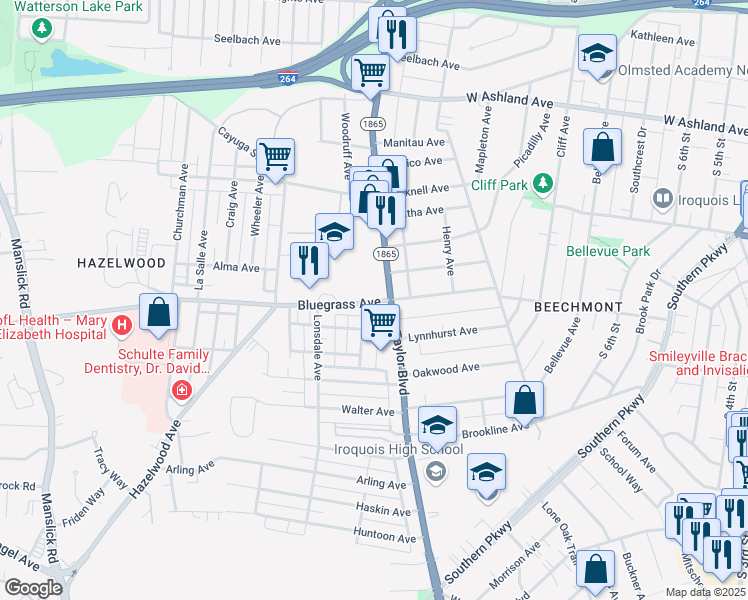map of restaurants, bars, coffee shops, grocery stores, and more near in Louisville