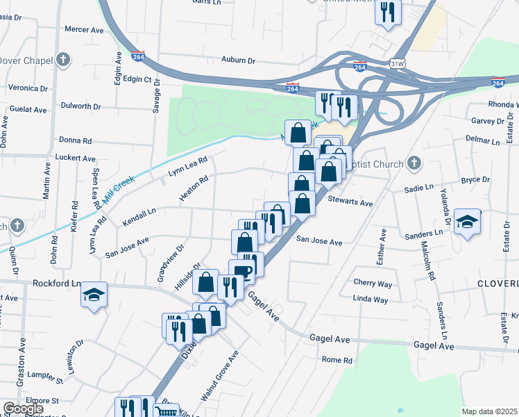map of restaurants, bars, coffee shops, grocery stores, and more near 1836 Kendall Lane in Louisville