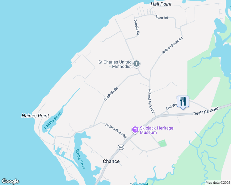 map of restaurants, bars, coffee shops, grocery stores, and more near 10793 Toddville Road in Deal Island Historic District