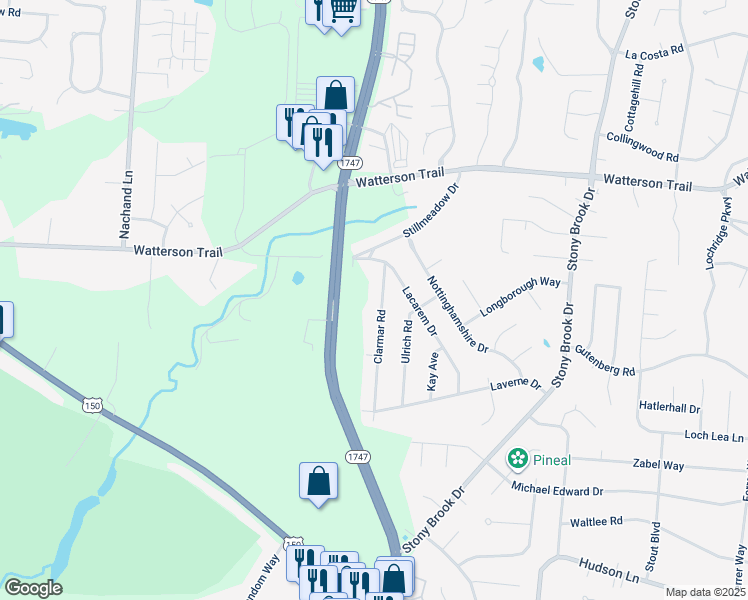 map of restaurants, bars, coffee shops, grocery stores, and more near 4708 Clarmar Road in Louisville