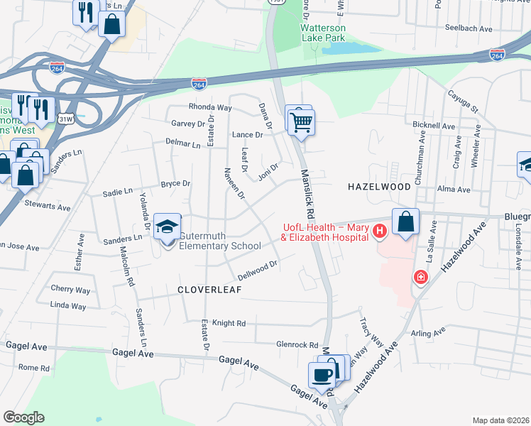 map of restaurants, bars, coffee shops, grocery stores, and more near 1409 Cloverhills Drive in Louisville