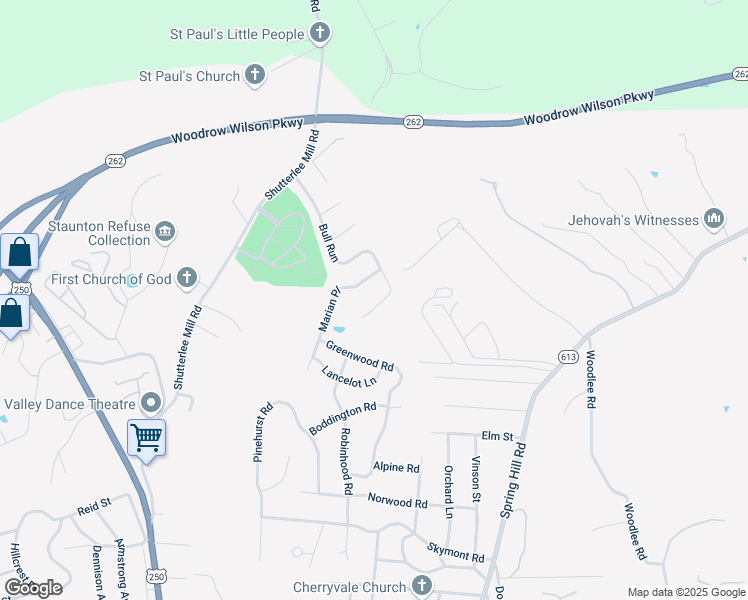 map of restaurants, bars, coffee shops, grocery stores, and more near 608 Bull Run in Staunton