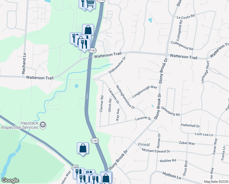 map of restaurants, bars, coffee shops, grocery stores, and more near 4715 Lacarem Drive in Jeffersontown