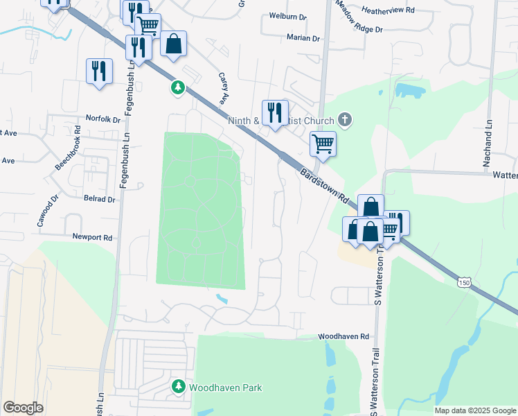 map of restaurants, bars, coffee shops, grocery stores, and more near 2118 Havenview Drive in Louisville