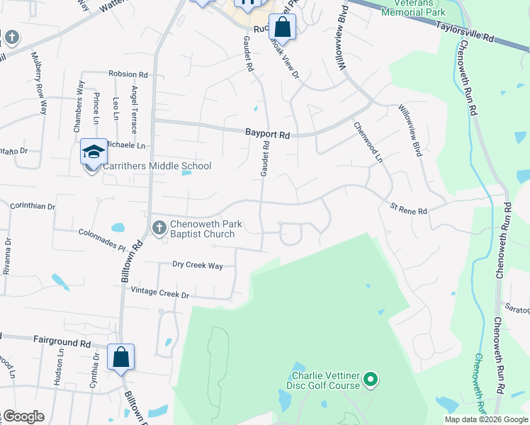 map of restaurants, bars, coffee shops, grocery stores, and more near 4505 Gaudet Road in Jeffersontown