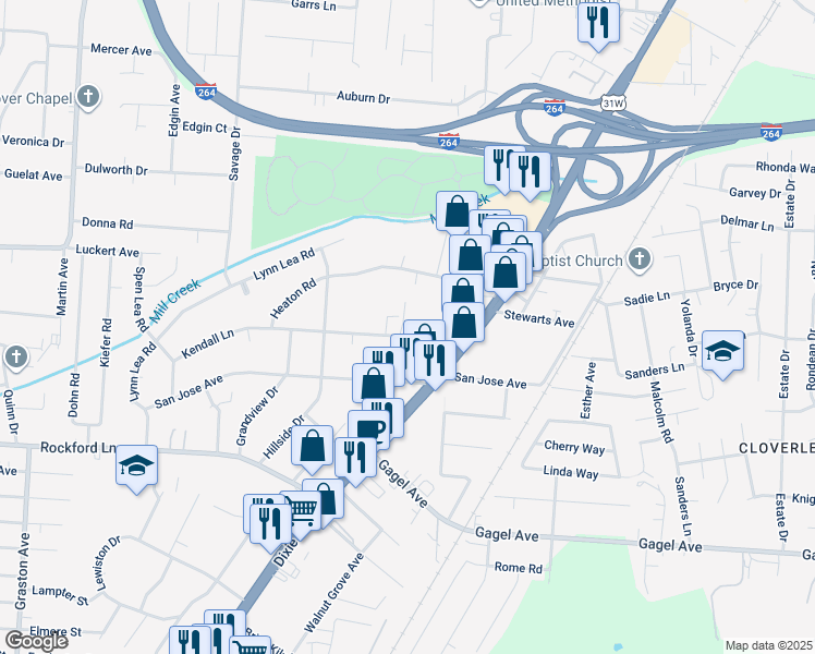 map of restaurants, bars, coffee shops, grocery stores, and more near 1819 Kendall Lane in Louisville
