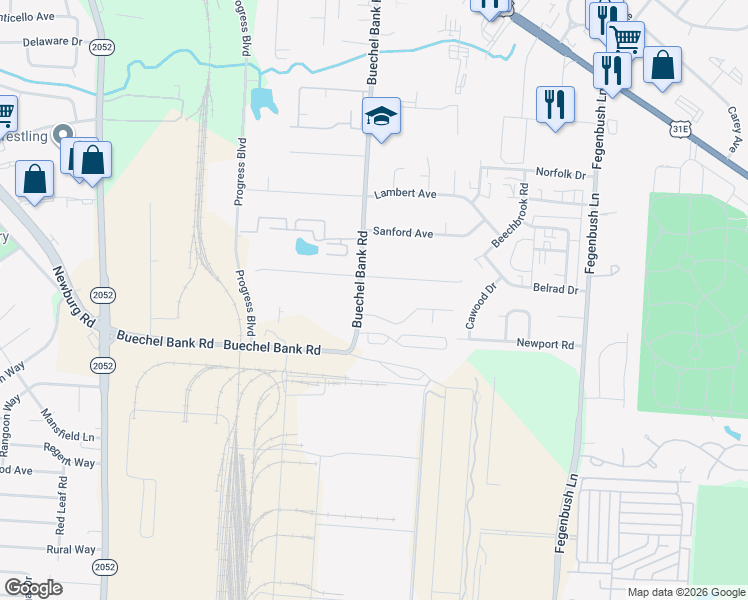 map of restaurants, bars, coffee shops, grocery stores, and more near 1915 Buechel Bank Road in Louisville