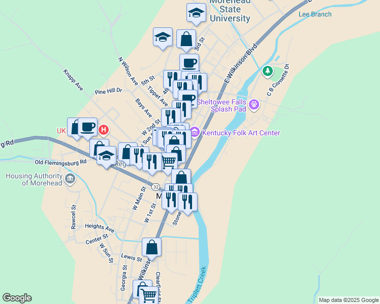 map of restaurants, bars, coffee shops, grocery stores, and more near 206 West 1st Street in Morehead