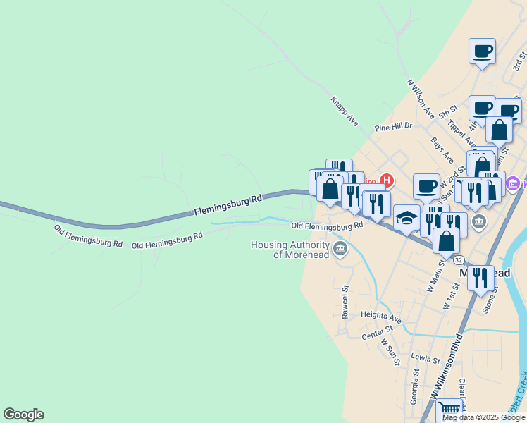 map of restaurants, bars, coffee shops, grocery stores, and more near 812 Willow Drive in Morehead