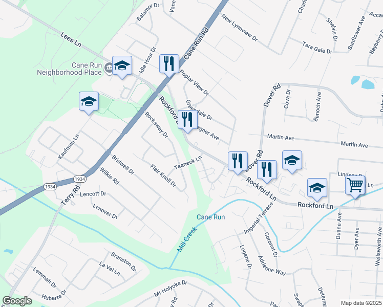 map of restaurants, bars, coffee shops, grocery stores, and more near 2802 Rockford Lane in Louisville