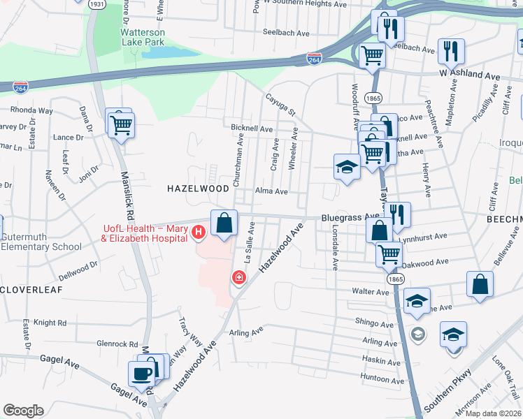 map of restaurants, bars, coffee shops, grocery stores, and more near 1514 Bluegrass Avenue in Louisville