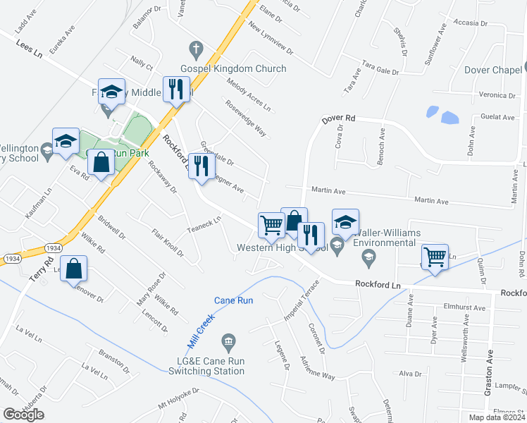 map of restaurants, bars, coffee shops, grocery stores, and more near 4721 Poplar View Drive in Louisville