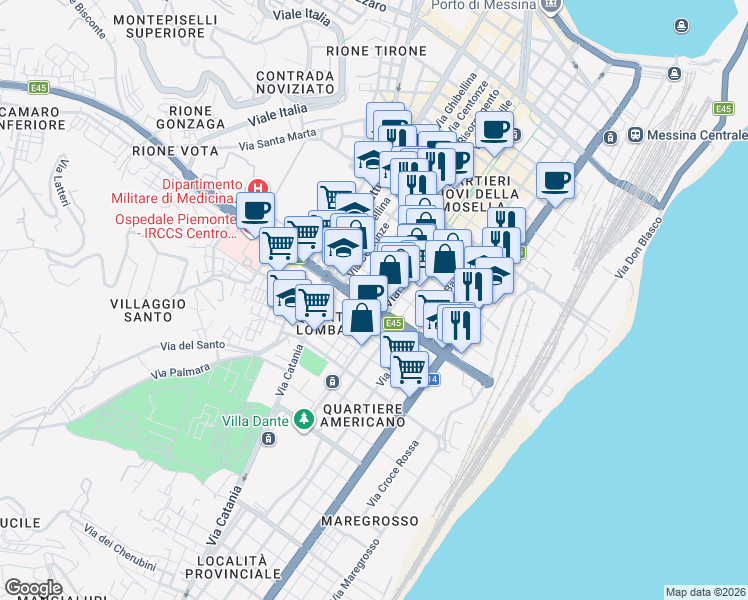 map of restaurants, bars, coffee shops, grocery stores, and more near 25 Via Trento in Messina