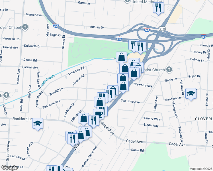map of restaurants, bars, coffee shops, grocery stores, and more near 1836 Kendall Lane in Louisville