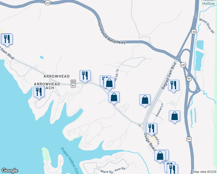 map of restaurants, bars, coffee shops, grocery stores, and more near 100 Fish Haven Road in Lake Ozark