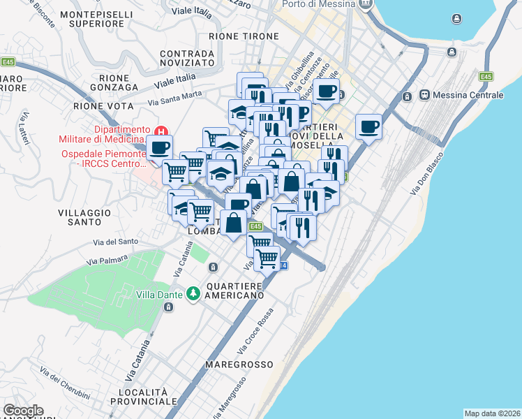 map of restaurants, bars, coffee shops, grocery stores, and more near 25 Via Trento in Messina