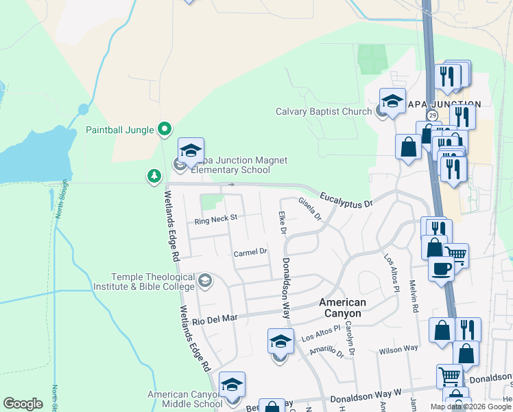 map of restaurants, bars, coffee shops, grocery stores, and more near 35 Goldeneye Court in American Canyon