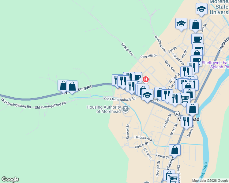 map of restaurants, bars, coffee shops, grocery stores, and more near 510 South Willow Drive in Morehead