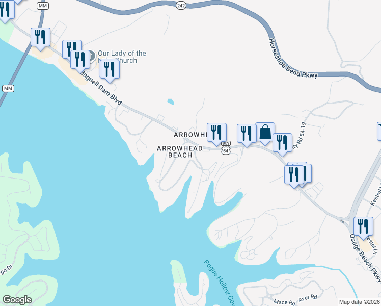 map of restaurants, bars, coffee shops, grocery stores, and more near 41-99 Arrowhead Beach Road in Lake Ozark