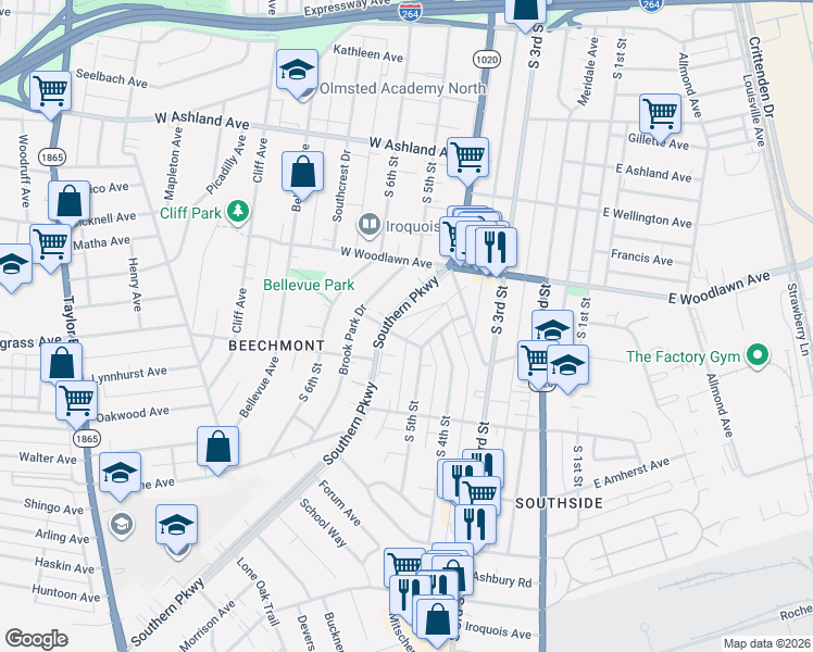 map of restaurants, bars, coffee shops, grocery stores, and more near 4730 Burkley Avenue in Louisville