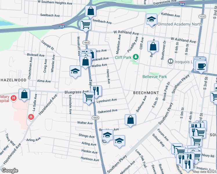 map of restaurants, bars, coffee shops, grocery stores, and more near 1032 Bluegrass Avenue in Louisville