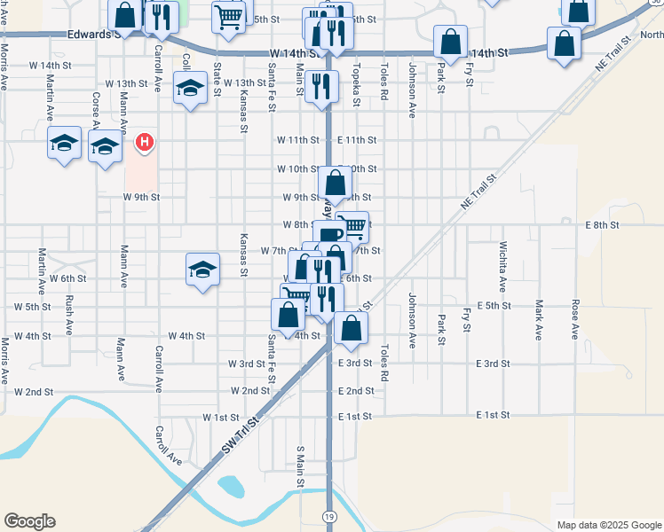 map of restaurants, bars, coffee shops, grocery stores, and more near 199 East 6th Street in Larned