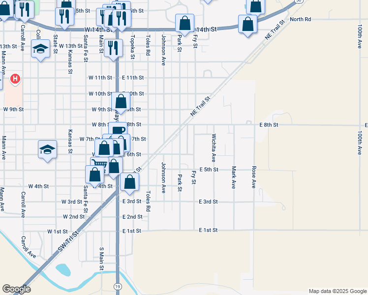 map of restaurants, bars, coffee shops, grocery stores, and more near 501-591 Park Street in Larned