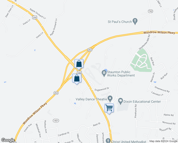 map of restaurants, bars, coffee shops, grocery stores, and more near 1815 Churchville Avenue in Staunton