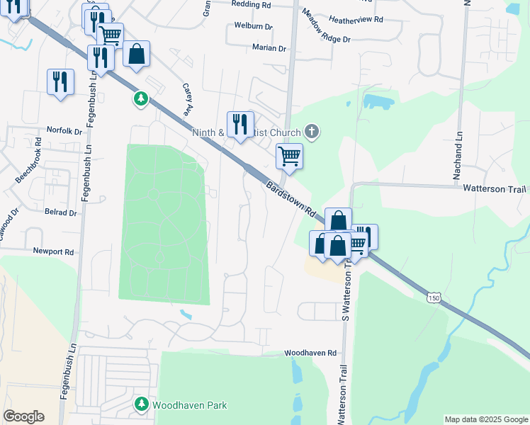 map of restaurants, bars, coffee shops, grocery stores, and more near 4627 Roxann Boulevard in Louisville