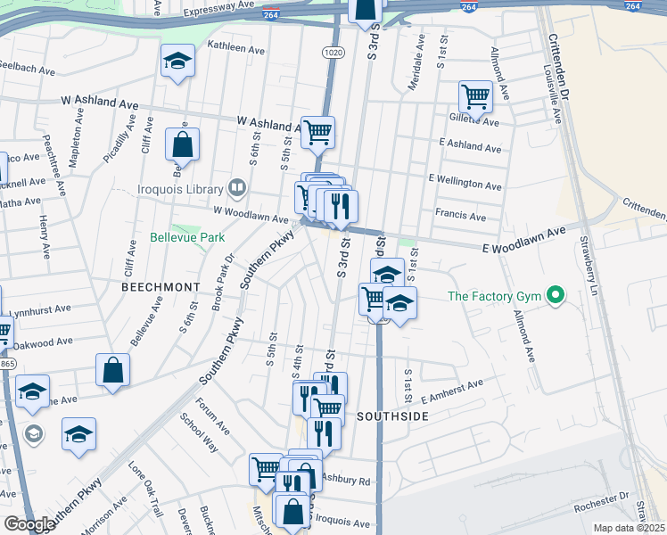 map of restaurants, bars, coffee shops, grocery stores, and more near 4722 South 3rd Street in Louisville