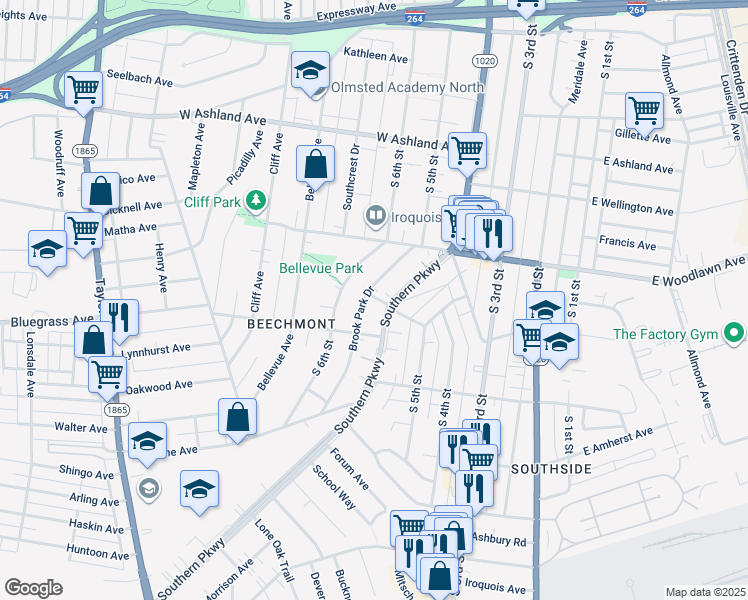 map of restaurants, bars, coffee shops, grocery stores, and more near 4742 Southern Parkway in Louisville