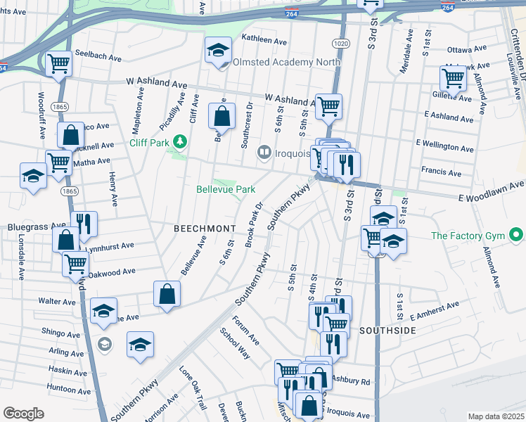 map of restaurants, bars, coffee shops, grocery stores, and more near 4742 Southern Parkway in Louisville