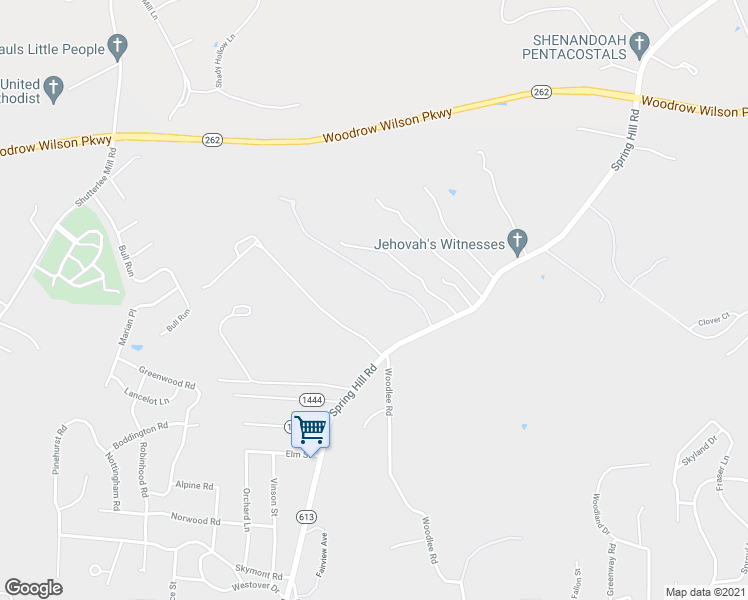 map of restaurants, bars, coffee shops, grocery stores, and more near 1838 Spring Hill Road in Staunton