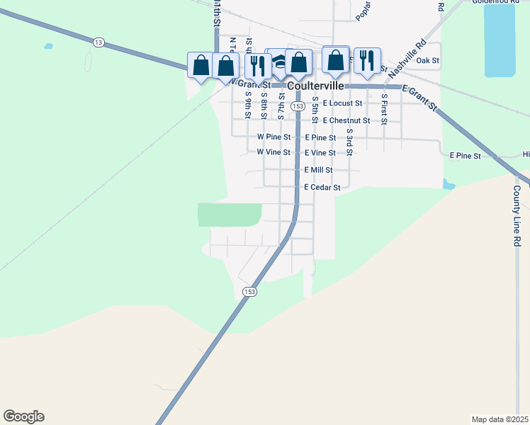 map of restaurants, bars, coffee shops, grocery stores, and more near 307 King Street in Coulterville