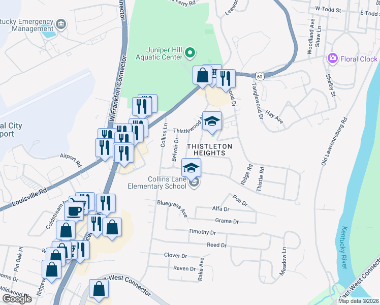 map of restaurants, bars, coffee shops, grocery stores, and more near 912 Crosshill Drive in Frankfort