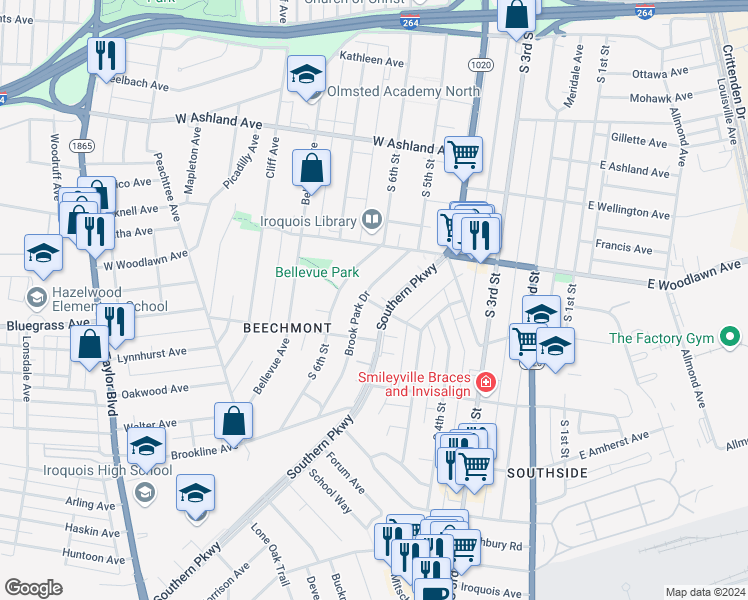 map of restaurants, bars, coffee shops, grocery stores, and more near 4724 Brook Park Drive in Louisville