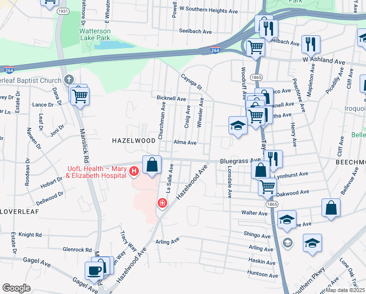 map of restaurants, bars, coffee shops, grocery stores, and more near 4151 La Salle Avenue in Louisville