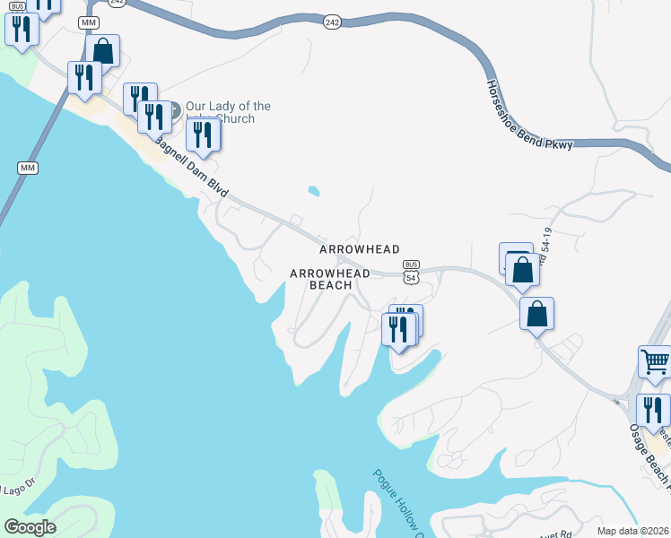 map of restaurants, bars, coffee shops, grocery stores, and more near 99 Arrowhead Beach Rd in Lake Ozark