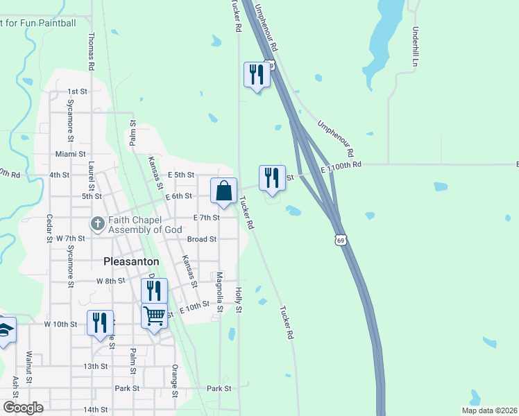 map of restaurants, bars, coffee shops, grocery stores, and more near 21659 East 1100th Road in Pleasanton