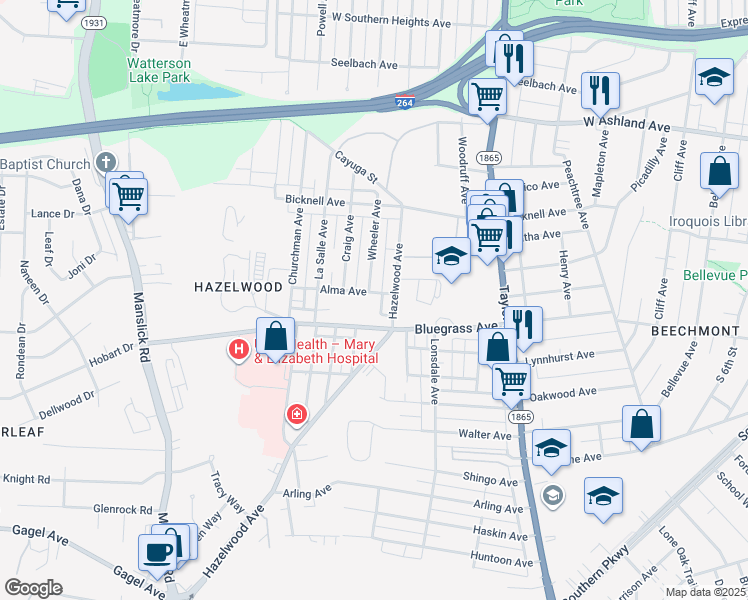 map of restaurants, bars, coffee shops, grocery stores, and more near 4156 Wheeler Avenue in Louisville