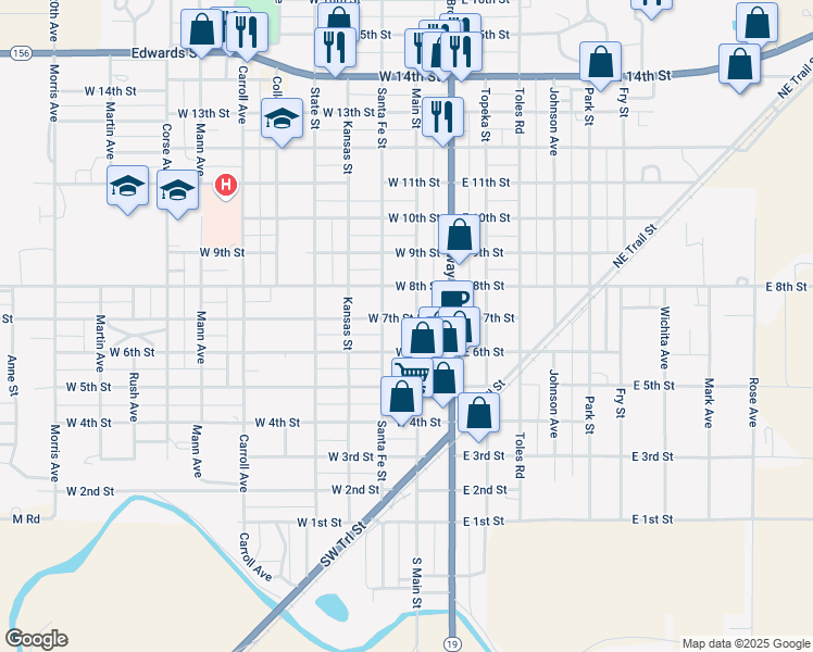 map of restaurants, bars, coffee shops, grocery stores, and more near 200-298 West 7th Street in Larned