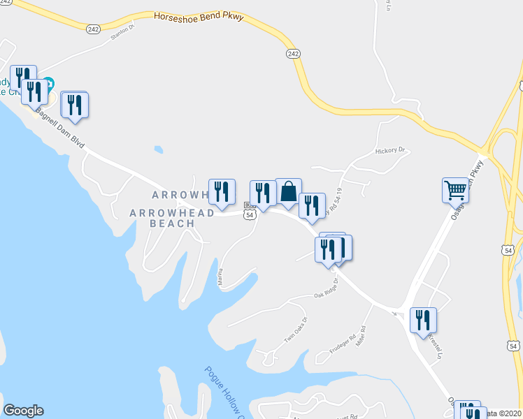 map of restaurants, bars, coffee shops, grocery stores, and more near 3101 Bagnell Dam Boulevard in Lake Ozark
