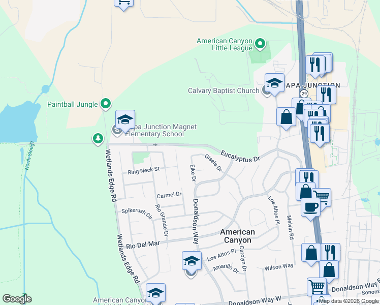 map of restaurants, bars, coffee shops, grocery stores, and more near 148 Elke Drive in American Canyon